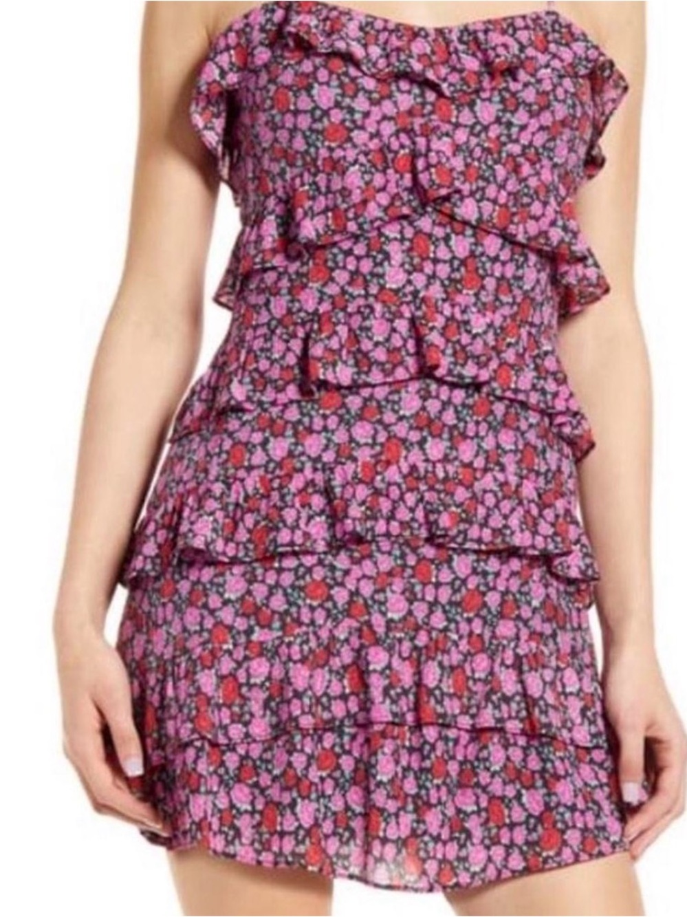 4SI3NNA Pink Red Floral adjustable strap Tiered Mini Dress flowy wedding guest